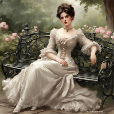 Goetia Oc, Handkerchief Quilts, Angel Sculpture Art, Victorian Fashion Women, Victorian Era Dresses, Sitting On A Bench, Victorian Portraits, Victorian Pictures, Victorian Paintings