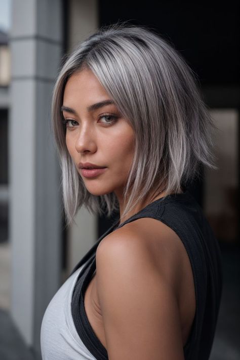 dyed hair, silver hair, grey hair, haircut, hairstyle, tanned skin, brown eyes, eyebrow, fashion Dyed Hair Silver, Grey Hair Haircut, Grey Hair Tan Skin, Hair Silver, Tanned Skin, Silver Grey Hair, Hair Help, Haircut Hairstyle, Hair Makeover