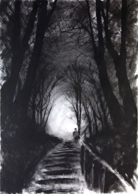 Scary Landscape, Eerie Art, Charcoal Artwork, Landscape Pencil Drawings, Scary Drawings, Black Paper Drawing, Art Charcoal, Scary Wallpaper, Charcoal Sketch