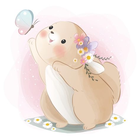 Cute bunny catching a butterfly | Premium Vector #Freepik #vector #baby-rabbit #baby-bunny #baby-shower-watercolor #cute-watercolor Bunny On The Moon, Bunny Standing, Penguin Images, Elephants Playing, Birthday Card Drawing, Teddy Bear Doll, Cute Easter Bunny, Cute Giraffe