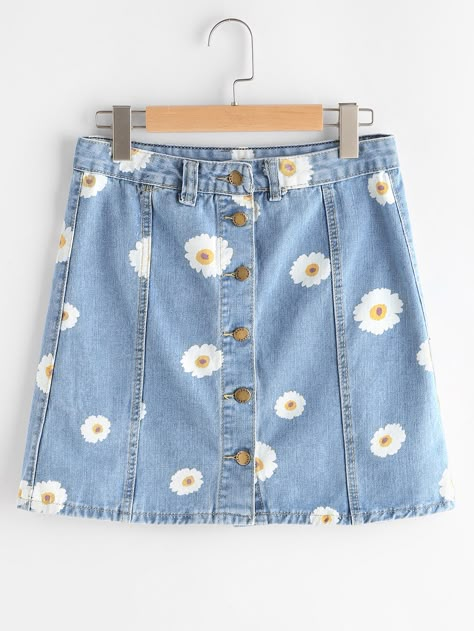 Shop Single Breasted Daisy Print Denim Skirt online. SheIn offers Single Breasted Daisy Print Denim Skirt & more to fit your fashionable needs. Marlene Jeans, Denim Skirts Online, Mode Ulzzang, Print Denim, Outfit Jeans, Painted Denim, Painted Clothes, Jeans Diy, Daisy Print