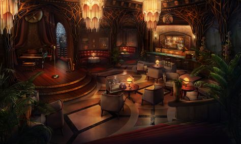 http://www.bigfishgames.com/games/11859/donna-brave-and-the-strangler-of-paris-ce/ Fantasy Dining Room Concept Art, Fantasy Gambling Den, Hotel Concept Art, Speakeasy Art, Lounge Aesthetic, Episode Backgrounds, Jazz Bar, Fantasy Rooms, Hotel Lounge