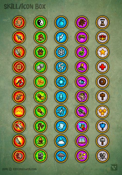 Skill-icon Box Skill Tree Design, Rpg Game Design, Vector Cartoon Characters, Best Mobile Games, Skill Tree, Skill Icon, Character Classes, Colorful Icons, Game Card Design