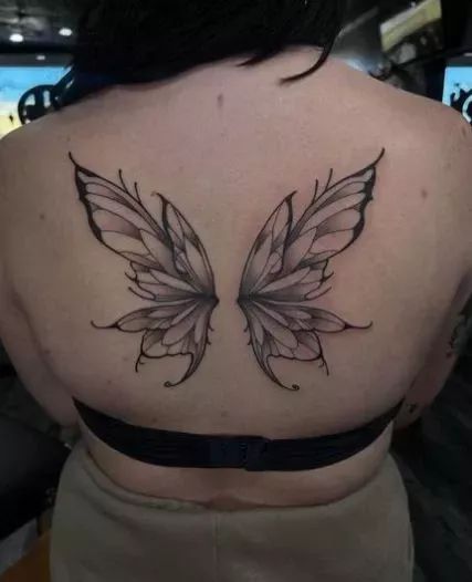 Luna Moth Wings Tattoo, Pixie Wings Tattoo On Back, Wing Ideas, Fairy Wing Tattoos, Butterfly Wing Tattoo, Girl Spine Tattoos, Back Tattoo Women Spine, Wing Tattoos On Back, Feminine Back Tattoos