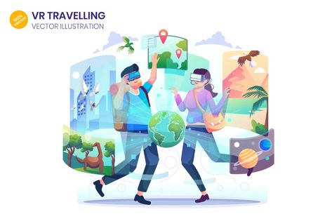 VR Travelling Flat Illustration - Agnytemp by GranzCreative on Envato Elements Vr Illustration, People Character, World Clipart, Digital Future, Traveling Around The World, Illustration Business, Vr Glasses, Virtual Travel, Cute Little Tattoos