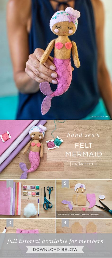 Felt Mermaid, Diy Felt Animals, Felt Doll Pattern, Felt Doll Patterns, Felt Toys Patterns, Mermaid Crafts, Felt Crafts Diy, Mermaid Diy, Diy Bebe