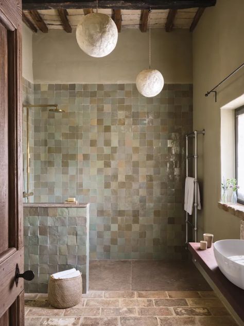 Shower Design Ideas, Wet Room Flooring, Victorian Terraced House, Walk In Shower Designs, Winter Bedroom, Mews House, Italian House, Yellow Tile, Brick Flooring