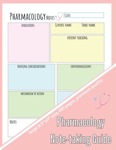 PRICES MAY VARY. Pharmacology Notebook.  This color pharmacology note-taking guide is EXCELLENT for helping you organize your medical notes on one meaningful page! This is what you will find inside of this book: Large Print:  8.5 x 11 in - Details:  Original Designs - Pages:  100 pages - WITH COLORS - GENERIC NAME - TRADE NAME - CLASS OF DRUG - MECHANISM OF ACTION - THERAPEUTIC USE - Adverse effects - CONTRAINDICATION - Considerations - Nursing Assessment - OTHER IMPORTANT NOTES Take a look at t Nursing Assessment, Medical Notes, Nurse Study, Pharmacology Nursing, Student Nurse, Study Resources, Mind Maps, Nursing Study, Guided Journal