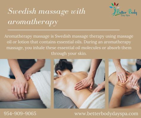 A Swedish massage is designed to relax the entire body by rubbing the muscles in long, gliding strokes in the direction of blood returning to the heart. But the benefits of Swedish massage go beyond relaxation. It can help increase the level of oxygen in the blood and improve circulation and flexibility. Book your massage today by giving us a call at 954-909-9065! Swedish Massage, Aromatherapy Massage, Better Body, Leg Massage, Body Spa, Improve Circulation, Spa Massage, Massage Oil, Massage Therapy