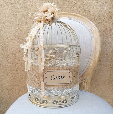 shabby chic birdcage to put in cards and helpful tips about being married Birdcage Card Holders, Bird Cage Decor, Wedding Gift Boxes, Burlap Wedding, Shabby Chic Wedding, Card Box Wedding, Bird Cages, Rustic Chic, Bird Cage