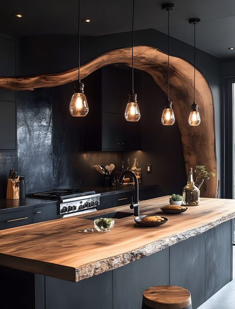 Modern Cabin Kitchen, Live Edge Countertop, Cabin Coffee, Cute Furniture, Dream Life House, Cabin Kitchens, Cozy Kitchen, Modern Cabin, Dream Decor