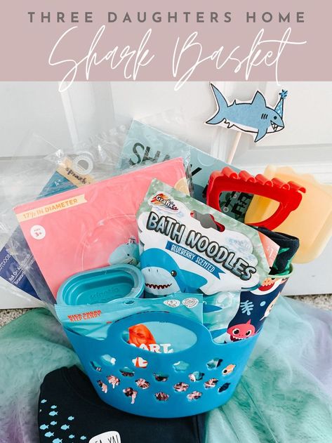 shark themed gift basket for toddler Shark Themed Gift Basket, Under The Sea Gift Basket, Shark Gift Ideas, Fish Themed Gift Basket, Mermaid Gift Basket, Beach Theme Easter Basket, Baby Shark Gifts, Beach Gift Basket, Bath Gift Basket