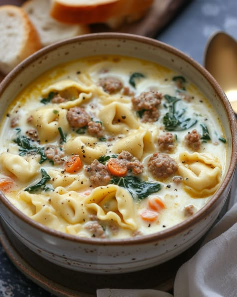 My hubby's words: "This soup is outrageously yummy!" Creamy Sausage Tortellini Soup, Creamy Sausage Tortellini, Sausage And Tortellini Soup, Sausage And Tortellini, Life Made Simple, Sausage Tortellini Soup, Sausage Tortellini, Hot Italian Sausage, Cheese Tortellini