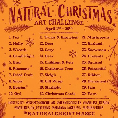 We're excited to announce the Natural Christmas SPDCC Art Challenge! Here is the list of daily prompts, all inspired by our upcoming @spdcolorcollab Natural Christmas. The Surface Pattern Designers Color Collab is where hundreds of artists from all over the world come together to create a collection of coordinating patterns all centered around one theme and color palette. So excited to see what everyone creates! 🎨🌲🦌 For this collaboration, we’re preparing for the upcoming Christmas season, ... Advent Art Challenge, Winter Drawing Prompts, Christmas Art Prompts, Christmas Art Challenge, Art Mediums List, December Doodle Challenge, December Art Challenge, Christmas Photo Challenge, Christmas Prompts