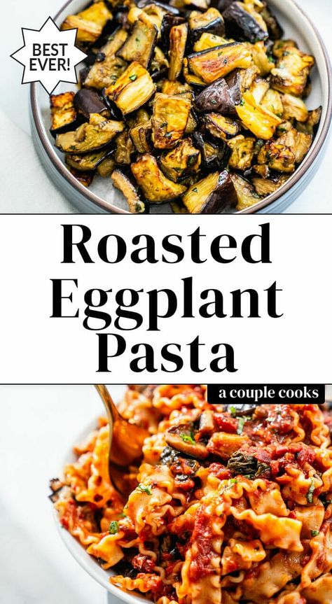 This eggplant pasta is flavor-packed with roasted eggplant & zesty marinara sauce! An impressive plant based dinner, it works for weeknights or parties. #eggplantpasta #plantbasedpasta #pastarecipe Roasted Veggie Pasta With Feta, Roasted Eggplant Pasta, Wife Recipes, Rice Sides, Veggie Options, Fennel And Orange Salad, Eggplant Pasta, Eggplant Recipes Easy, Marinara Recipe