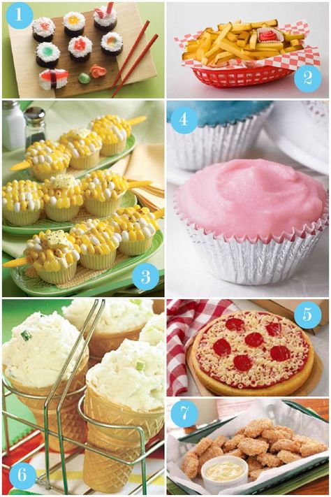 Gummi Sushi, Pound Cake fries, corn on the cob cupcakes, meatloaf cupcakes, Pizza cake, mashed potato cones and peanutty pound cake chicken nuggets! Let's fool someone! April Fool's Party food April Fools Food, Fool Recipe, Cake Chicken, Meatloaf Cupcakes, Chicken Potato, Pizza Cake, April Fool's Day, Treats Recipes, April Fool