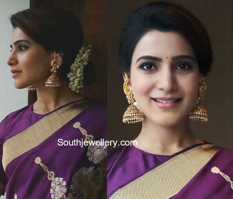 Samantha Akkineni in diamond jhumkas by P Satyanarayan and Sons Jewellers. Diamond Jhumkas, Samantha Akkineni, Italian Gold Jewelry, Gold Jhumka Earrings, Samantha Pics, Bridal Lehenga Collection, Bridal Hair Buns, Jewellery Bridal, Jewellery Wedding