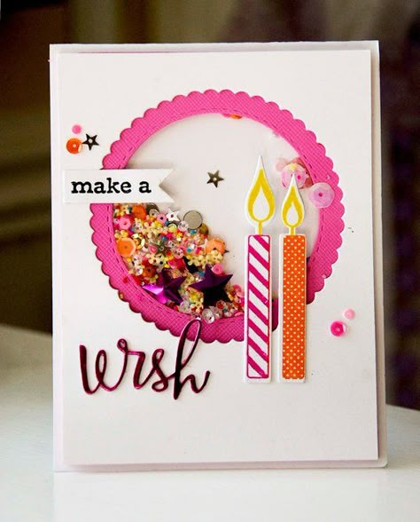 Shakers are all the rage! Love this stunning shaker birthday card! Birthday Card Diy Kids, Cardstock Cards, Candle Cards, Bday Cards, Art Carte, Cricut Cards, Birthday Card Ideas, Kids Birthday Cards, Shaker Cards