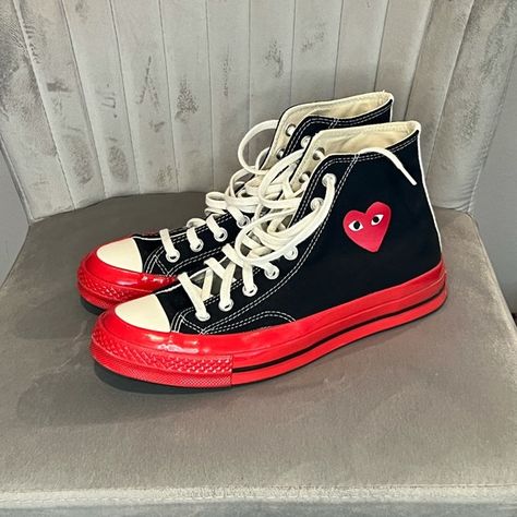 CONVERSE X COMME DES GARCONS PLAY ALL STAR CHUCK '70 HI RED SOLE - BLACK Comes Des Garcons, Converse X Comme Des Garcons, Cdg Converse, Converse Play, Garcons Converse, Converse Red, Converse All Stars, Comme Des Garcons Play, Chuck 70