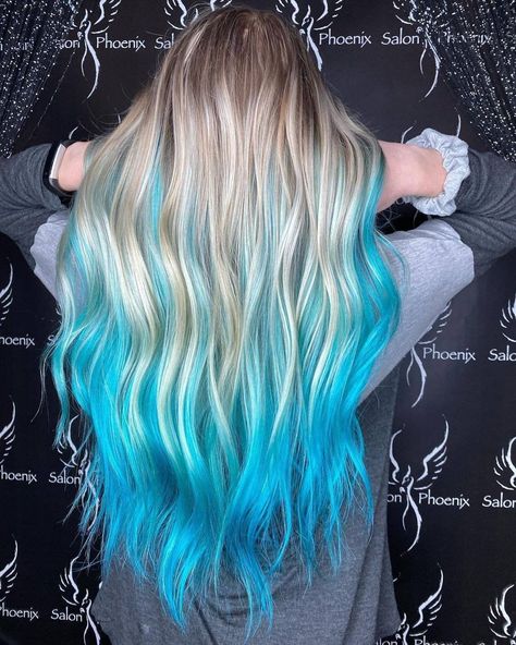 Gorgeous turquoise dip dye by @hallieatsalonphoenix 💎 Use Cyan Sky to re-create this look #lunartides #cyansky #turquoisehair Teal And Platinum Hair, Blonde Balayage With Blue Highlights, Turquoise Hair Color Ideas, Turquoise Tips Hair, Dip Dye Blonde Hair, Turquoise And Blonde Hair, Blonde Hair With Teal Underneath, Blonde And Blue Hair Ombre, Torquise Hair