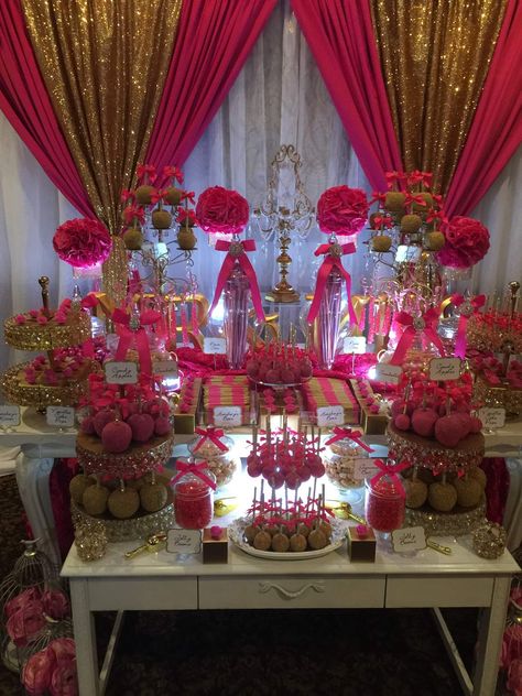 Hot Pink And Gold Table Decor, Fuschia Birthday Decor, Fuschia And Gold Wedding, Hot Pink And Gold Wedding, Wedding Sweets Table, New Years Eve Birthday Party, New Years Eve Birthday, Treat Tables, Gold Wedding Party