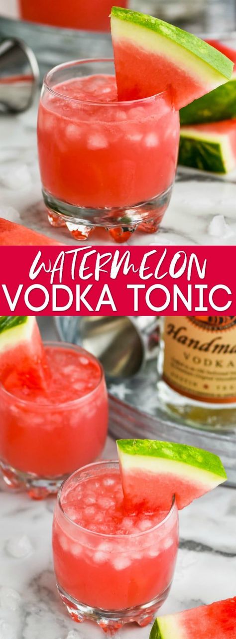 This Watermelon Vodka Tonic is the perfect light summer cocktail! Delicious, sweet, and totally refreshing! Pims Cocktail, Light Summer Cocktails, Watermelon Cocktail Recipes, Tonic Cocktails, Vodka Tonic, Watermelon Cocktail, Jalapeno Margarita, Tonic Recipe, Watermelon Juice