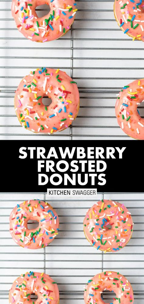 Strawberry Frosted Donut Recipe, Donut Icing Recipe, Homemade Strawberry Frosting, Strawberry Donuts Recipe, Donut Frosting, Strawberry Glaze Recipe, Kitchen Swagger, Donut Icing, Strawberry Doughnut