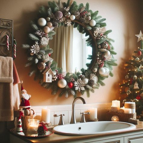 Christmas Bathroom Decor Powder Room Christmas Decor, Christmas Bathrooms, Christmas Guest Bathroom, Washroom Christmas Decor, Christmas Theme Bathroom Decor, Bathroom Decorated For Christmas, Christmas Bathroom Decor Aesthetic, Christmas Bathroom Decor Ideas, Shower Curtain Rod Christmas Decor Ideas