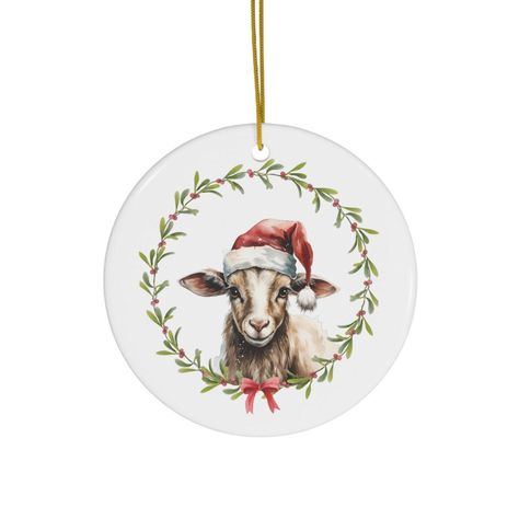 Baby Goat Christmas Ornament with santa hat, Ceramic Round simple evergreen wreath with red bow rustic country farmhouse barnyard animal by GrandmawsGreetings on Etsy Goat Ornament, Goat Christmas, Small Goat, Barn Animals, Baby Goat, Evergreen Wreath, Barnyard Animals, Baby Goats, Country Farm