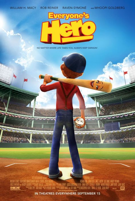 "Everyone's Hero" movie poster, 2006.  Synopsis:  A boy begins a grand journey to return Babe Ruth's baseball bat before the deciding game of the 1932 World Series comes to a close.   This animated movie features the voice talent of Whoopi Goldberg, Rob Reiner, and then NY Yankees manager Joe Torre. Baseball Movies, Lego Movie 2, 20th Century Studios, Christopher Reeve, Movie Streaming, Hero Movie, Movie Director, Babe Ruth, Lego Movie