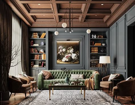 British Lounge Room, Traditional Library Room Ideas, Long Living Room Dining Room Layout, Bourbon Lounge, Old Fashion House, Lofted Living Room, Family Rooms, Modern Regency Interior, Modern Cottage Living Room