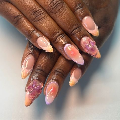 Wet look aura nails >>>> Medium length aura, 3d gel, orchid/3d flower sunset nails 🩷 3d Gel Nails, Xv Ideas, Orchid Nails, Seashell Nails, Sunset Nails, Nails Medium Length, 3d Nail Designs, Aura Nails, 3d Nail Art Designs