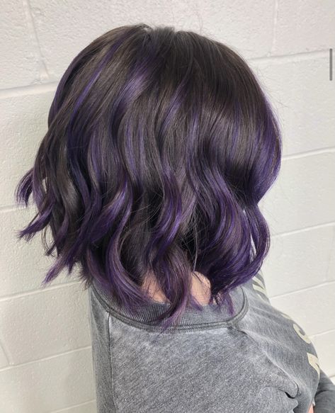 Purple Highlights In Brown Hair Short, Short Hair Purple Color, Short Hair Color Ideas Purple, Short Purple Balayage Hair, Short Black Hair With Purple Streaks, Short Purple Highlights Hair, Purple Peekaboo Highlights Short Hair, Purple Hairstyles Short, Short Brown Hair With Purple Tips