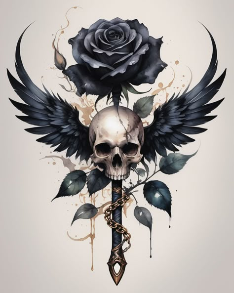 Black Rose And Skull Tattoo, Goth Roses Wallpaper, Dark Angel Tattoo For Women, Skull With Barbed Wire Tattoo, Punk Rock Tattoo Ideas, Skulls And Roses Tattoos, Hummingbird Skull Tattoo, Skull With Rose Tattoo, Gothic Skull Tattoo