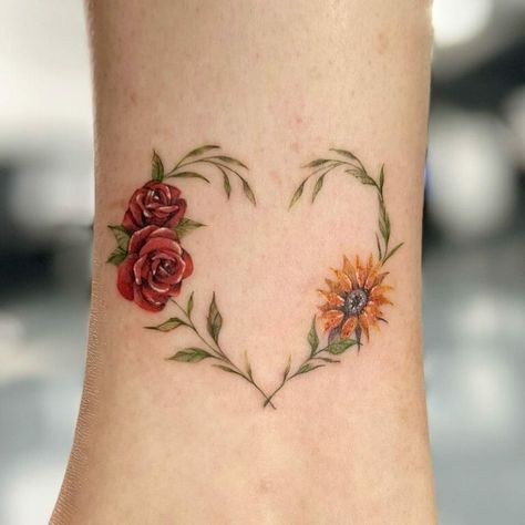 Sunflower And Roses Tattoo, Sunflower And Rose Tattoo, Heart Flower Tattoo, Rose Heart Tattoo, Rose Tattoo On Ankle, Rose Tattoo Ideas, Sunflowers And Roses, Rose Tattoos For Women, Poppies Tattoo