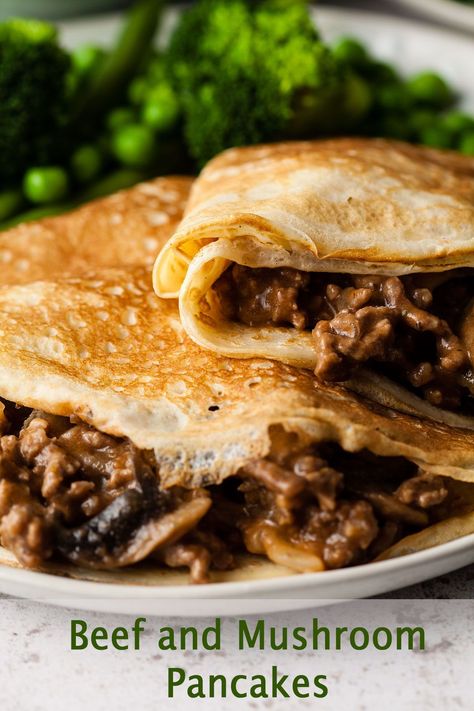 Mushroom Pancakes, Savory Crepes Filling, English Pancakes, Pancake Fillings, Savoury Pancake Recipe, Savoury Mince, Crepes Filling, Minced Meat Recipe, Crepes And Waffles