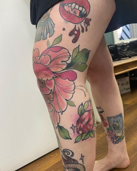 A collection of healed work done over many years on my bestie @goodvibegirlgang . We’re aiming to complete the whole leg and add more fun and cute designs but this is how we’re looking so far! Thank you for the dedication Mad, love and appreciate you so much! 💕✨ Tattoos on her right leg not by me but by the very talented @dollytattoos - pumpkin @maddie_ink - Hades tarot 💖 #cutetattoos #spookytattoos #witchytattoo #pumpkintattoo #magicaltattoo #floraltattoo #patchworktattoo #girlytattoos Fun Leg Tattoos, Witch Leg Sleeve Tattoo, Illustrative Leg Sleeve, Flower Garden Leg Tattoo, Dark Feminine Leg Sleeve, Unicorn Leg Tattoo, Pumpkin Tattoo, Spooky Tattoos, Girly Tattoos