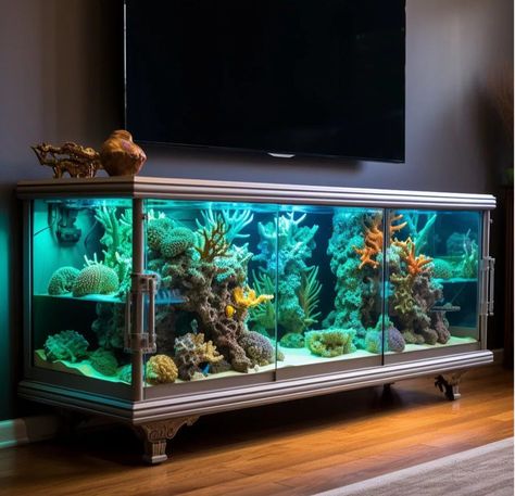 Aquarium Under Tv, Diy Aquarium Decor, Room Aquarium, 55 Gallon Tank, Cool Fish Tanks, Fish Tank Design, Giant Cat, Aquarium Stand, Diy Aquarium