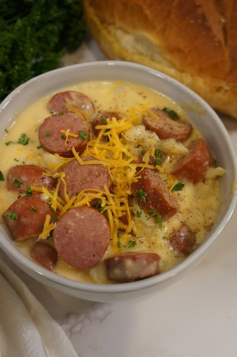 Cheesy Potato Kielbasa Soup Cheesy Potato Kielbasa Soup, Potato Soup With Kielbasa, Potato Kielbasa Soup, Recipe For Potato Soup, Soup With Kielbasa, Potato Kielbasa, Cheesy Potatoes Crock Pot, Kielbasa Soup, Kielbasa And Potatoes