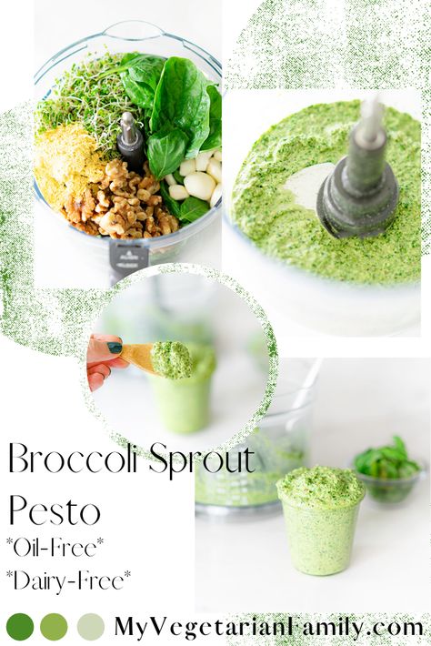 Broccoli Sprout Pesto | Oil-Free! | My Vegetarian Family Recipes With Broccoli Sprouts, Micro Broccoli Recipes, Broccoli Sprouts Recipes, How To Eat Broccoli Sprouts, Micro Greens Recipe, Sunflower Microgreens Recipes, Broccoli Microgreens Recipe, Broccoli Pesto Sauce, Brocolli Pesto Recipe