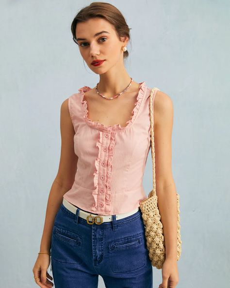 Free shipping on orders over $69. Shop The Pink U Neck Ruched Button Frill Trim Tank Top - pink - xs,s,m,l,xl at RIHOAS. Blouse Accessories, Body Description, Stiff Fabric, Ruched Tank Top, Frill Top, Frill Tops, Perfect Figure, Fashion Goals, The Boutique