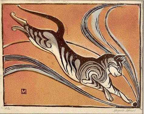 Marguerite Mahood  (Australian, 1901-1989). Cat. Siamese Tattoo, Cat Leaping, Leaping Cat, Green Triangle, Duck Art, Cat Art Illustration, Cat Pose, Great Cat, Cat Character