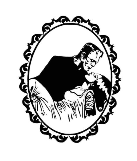 Bride Of Frankenstein Embroidery, Frankenstein Monster Tattoo, Bride Of Frankenstein Drawing, Frankenstein And Bride Tattoo, Horror Couples, Toxic Toons, Horror Coloring Pages, Frankenstein Tattoo, Couple Tat