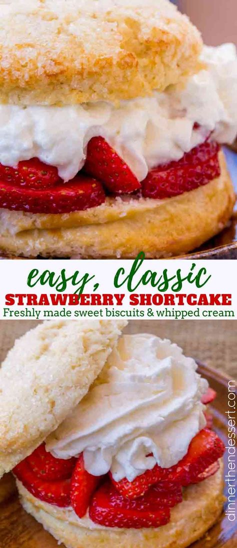 Easy Strawberry Shortcakes with freshly made sweetened biscuits, homemade whipped cream and lightly sweetened strawberries in less than an hour. Strawberry Biscuits, Shortcake Recipes, Sunday Sweets, Biscuits Homemade, Shortcake Biscuits, Easy Strawberry Shortcake, Dessert Summer, Strawberry Shortcakes, Shortcake Cake