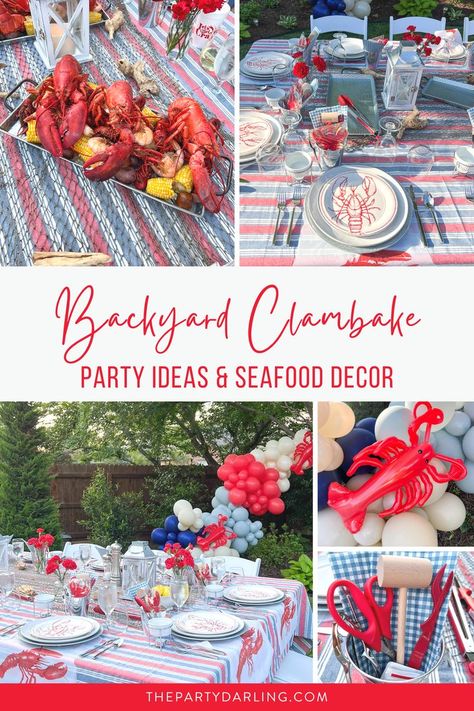 Seafood party supplies and decorations for a backyard clambake Fish Boil Party, Lobster Decorations, Low Country Boil Party Ideas, Seafood Boil Party Ideas, Country Boil Party, Crab Feast Party, Seafood Boil Party Decorations, Crawfish Boil Party Decorations, Lobster Bake Party