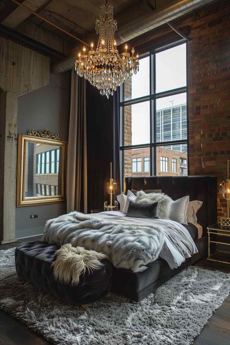 Dark Glamour Bedroom, Stunning Apartment Interiors, Industrial Hotel Room, New York Loft Bedroom, Industrial Glam Bedroom, Hotel Room Interior Luxury, Industrial Glam Living Room, Feminine Industrial Bedroom, Soft Industrial Decor