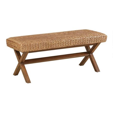 Woven Seagrass and Brown Wood Bench | World Market Coastal Furniture, Water Hyacinth, Wood Bench, Upholstered Bench, Mahogany Wood, Brown Wood, The Outdoors, Wood Legs, Beach Style