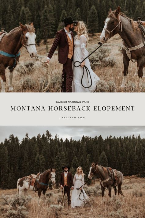 Check out this jaw-dropping horseback adventure elopement in Montana! I always love unique wedding ceremony ideas, ones that are sentimental to the couple. These two are horse vets + decided for their wedding they would ride horses to their elopement location in Montana! Epic! I love an alternative wedding idea and this Montana adventure elopement turned out perfectly! To see more of this outdoor wedding ceremony, destination wedding locations in Montana + more, tap to head to jacilynm.com! Montana Vow Renewal, Montana Elopement Ideas, Wedding On Horseback, Horseback Wedding, Montana Wedding Ideas, Western Wedding Horse, Destination Wedding Montana, Western Elopement, Unique Wedding Ceremony Ideas