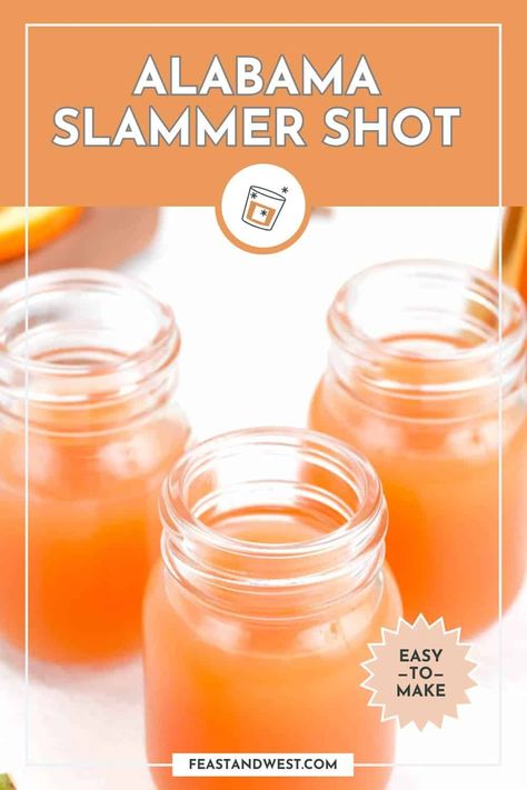 If you’re a fan of the Alabama Slammer cocktail, then you’re going to love this shot recipe. It has an unforgettable fruity flavor and is wonderfully reminiscent of the classic cocktail. https://feastandwest.com/alabama-slammer-shot/ Alabama Slammer Shot Recipe, Flavored Shots, Easy Shot Recipes, Fruity Cocktail Recipes, Alabama Slammer, Candy Shots, Frozen Drinks Alcohol, Shooter Recipes, Craft Beer Recipes