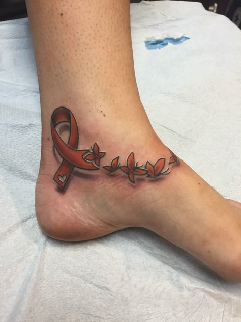 Leukaemia Tattoos, Ms Tattoos Multiple Sclerosis, Orange Ribbon Tattoo, Ribbons Tattoo, Multiple Sclerosis Tattoo, Yellow Ribbon Tattoos, Ms Tattoos, Awareness Tattoos, Pink Ribbon Tattoos